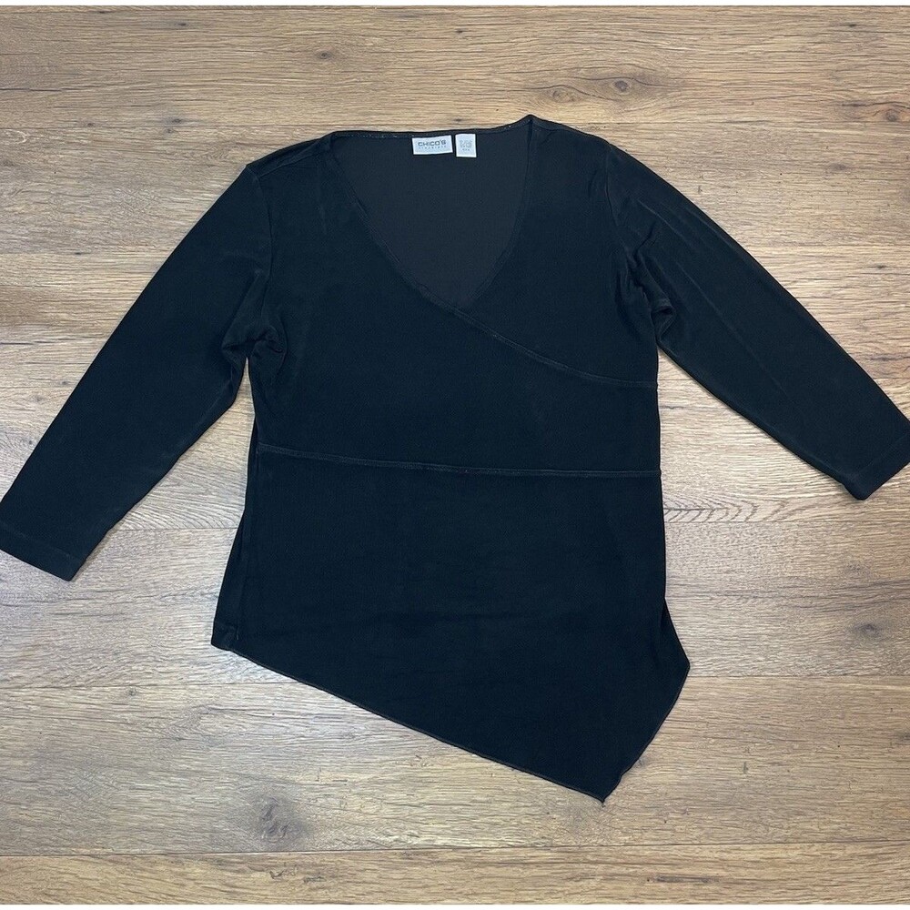 Travelers By Chicos Woman Black Blouse Size 2 Stretch Assymetrical 3/4 Sleeve
